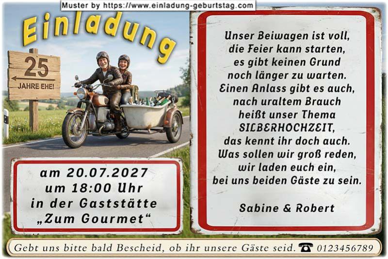 Die lustige Einladung zur Silberhochzeit mit dem Paar auf dem Motorrad und dem mit Flaschen gut gefüllten Beiwagen