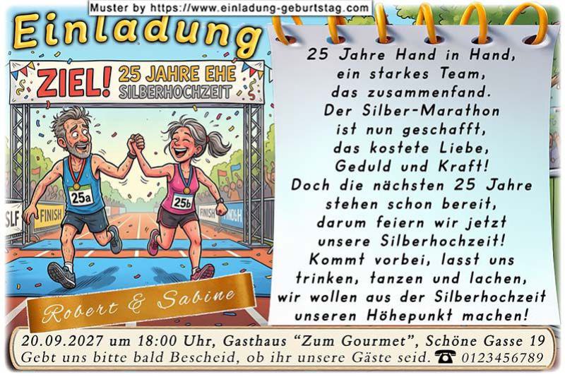 Die lustige Einladung zur Silberhochzeit mit dem Paar, das gemeinsam Hand in Hand durch das Ziel eines 25-er Marathonlaufes läuft.