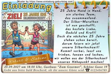 Die lustige Einladung zur Silberhochzeit mit dem Paar, das gemeinsam Hand in Hand durch das Ziel eines 25-er Marathonlaufes läuft.