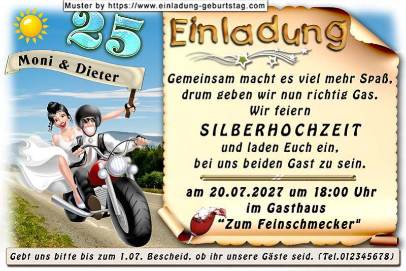 die lustige Einladung zur Silberhochzeit mit dem Paar auf dem Motorrad - gemeinsam macht es viel mehr Spaß