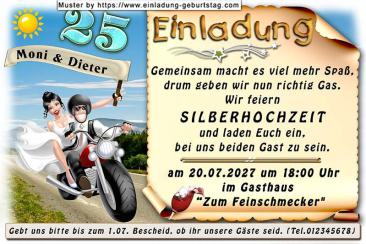 die lustige Einladung zur Silberhochzeit mit dem Paar auf dem Motorrad - gemeinsam macht es viel mehr Spaß
