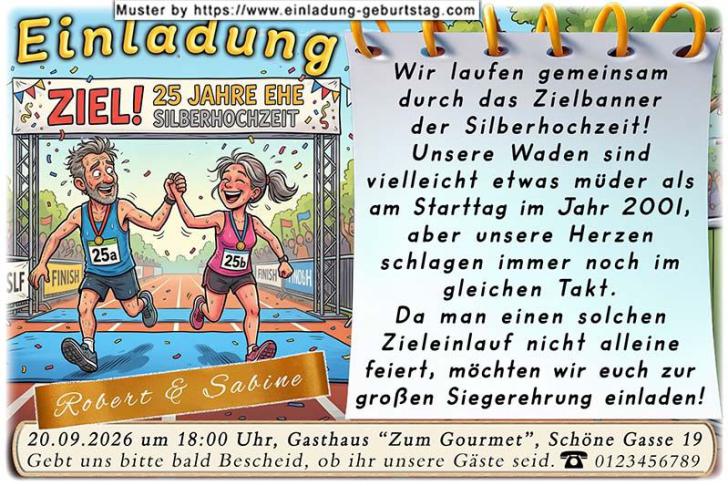 Die lustige Einladungskarte zur Silberhochzeit mit dem sportlichen Paar auf der Ziellinie - 25 Jahre geschafft