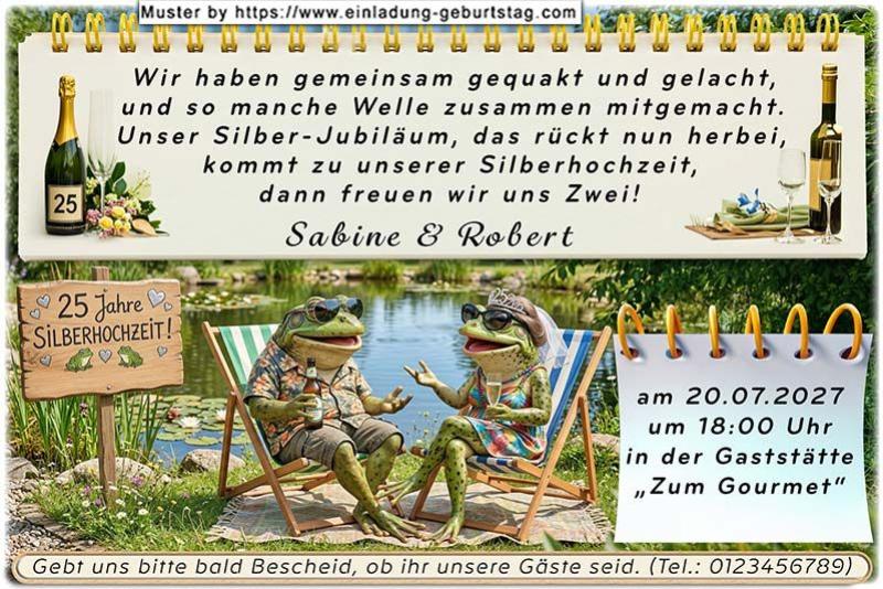 Die lustige Einladung zur Silberhochzeit mit den beiden Fröschen entspannt im Liegestuhl