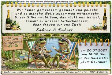Die lustige Einladung zur Silberhochzeit mit den beiden Fröschen entspannt im Liegestuhl
