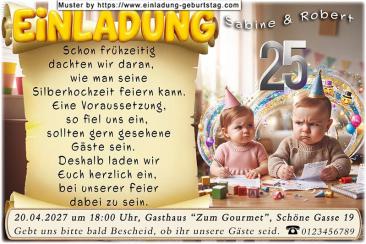 Die lustige Einladung zur Silberhochzeit mit Ihren sehr frühen Planungen für Ihre Feier - Sie 2 als Babys