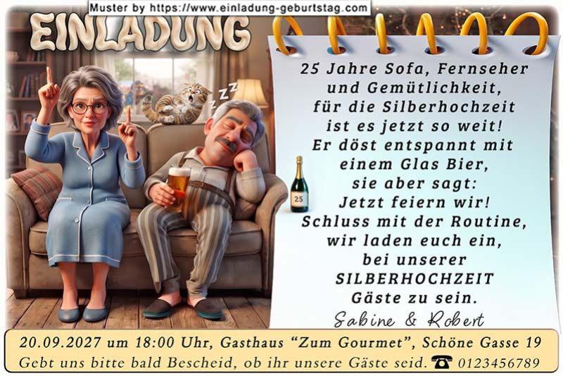 Die lustige Einladung zur Silberhochzeit mit dem Paar auf dem Sofa und der Idee.