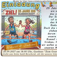 Die lustige Einladung zur Silberhochzeit mit dem Paar, das gemeinsam Hand in Hand durch das Ziel eines 25-er Marathonlaufes läuft.