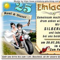die lustige Einladung zur Silberhochzeit mit dem Paar auf dem Motorrad - gemeinsam macht es viel mehr Spaß