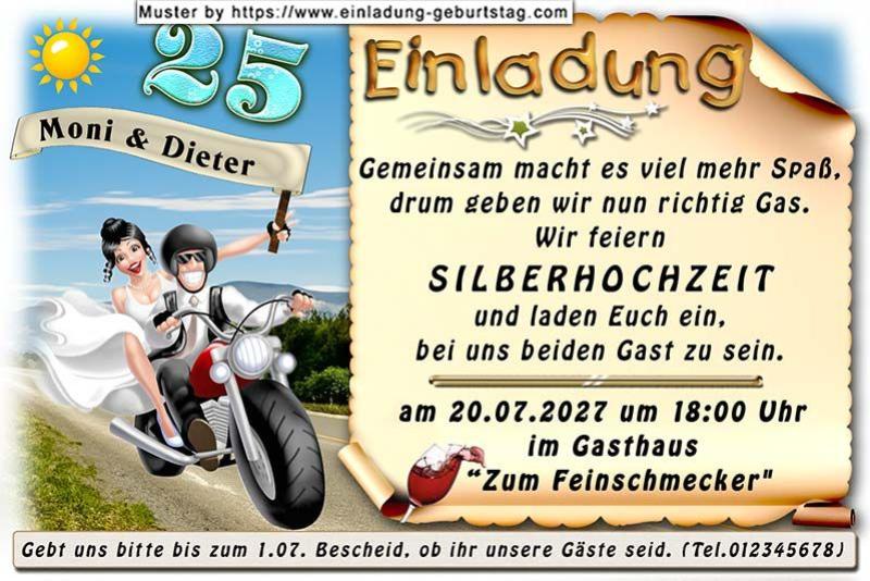 die lustige Einladung zur Silberhochzeit mit dem Paar auf dem Motorrad - gemeinsam macht es viel mehr Spaß