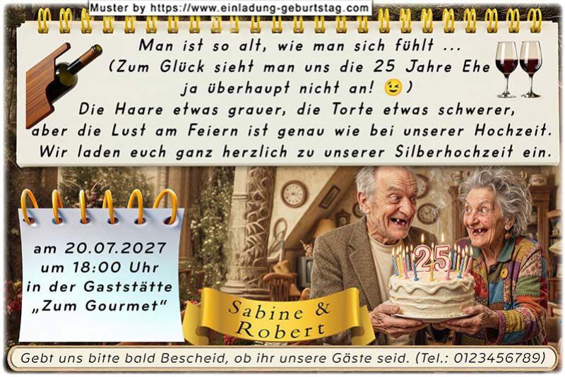 Die lustige Einladung zur Silberhochzeit mit dem Paar, das eine 25-er Torte in den Händen hält