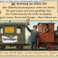 Die lustige Einladung zur Silberhochzeit mit dem Sonderzug für Ihre Gäste - Achtung an Gleis 25