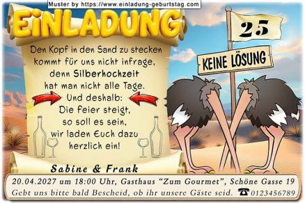 Die lustige Einladung zur Silberhochzeit mit 2 Vogel Strauß, die Ihren Kopf in den Sand stecken