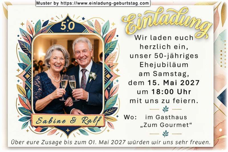Die Einladung zur Goldenen Hochzeit mit Ihrem Foto in einem modernen 50-er Rahmen