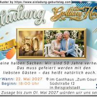 Die Einladung zur Goldenen Hochzeit mit Ihrem Foto auf einem Goldbarren.
