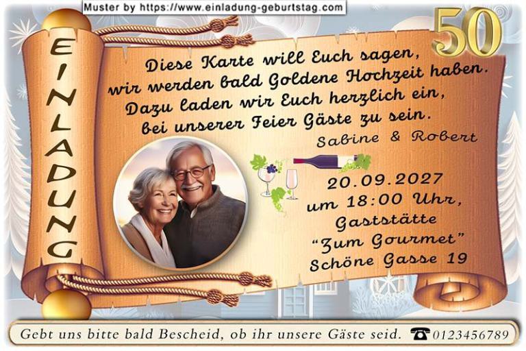 Die Einladung zur Goldenen Hochzeit mit Ihrem Foto rund ausgeschnitten auf einer Goldpapierrolle