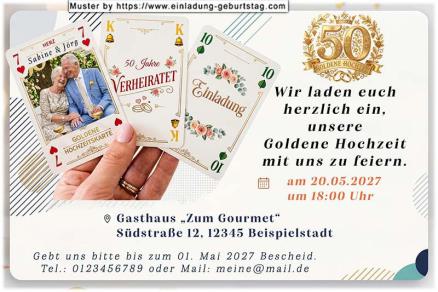 Die Einladung zur Goldenen Hochzeit mit Ihrem Foto auf einer von 3 Spielkarten