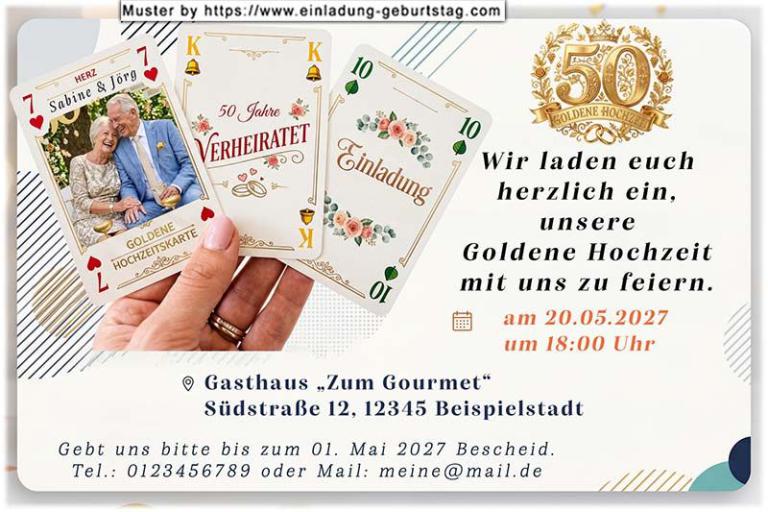 Die Einladung zur Goldenen Hochzeit mit Ihrem Foto auf einer von 3 Spielkarten