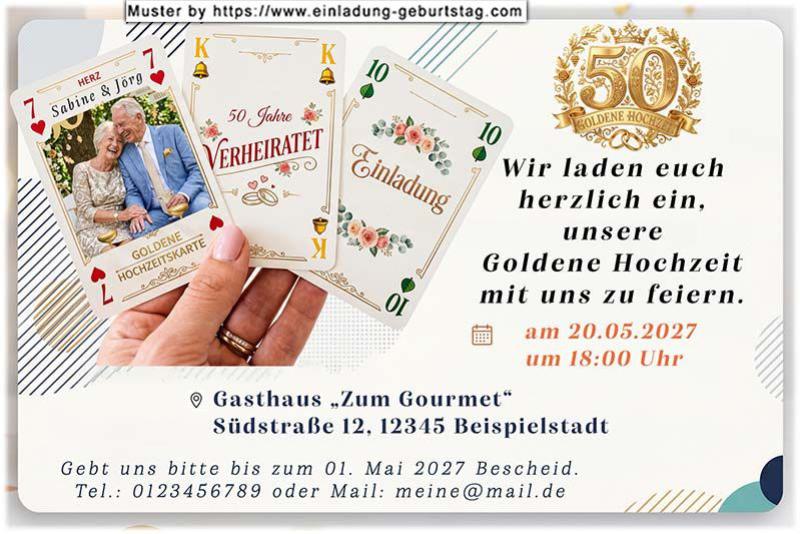 Die Einladung zur Goldenen Hochzeit mit Ihrem Foto auf einer von 3 Spielkarten