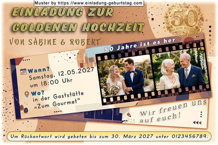 Die Einladung zur Goldenen Hochzeit mit 2 Fotos in einem Filmstreifen.