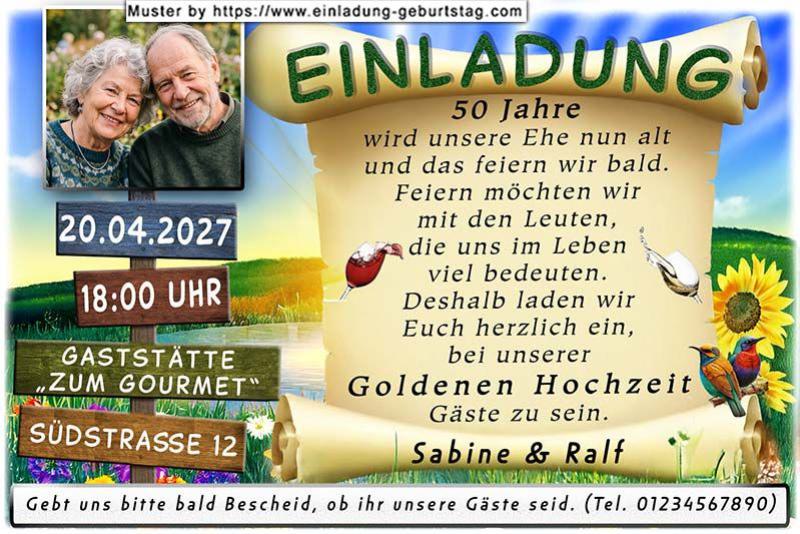 Die Einladung zur Goldenen Hochzeit mit Ihrem Foto auf einem Wegweiser