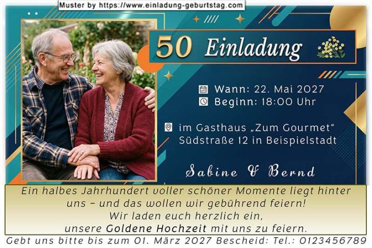 Die Einladung zur Goldenen Hochzeit mit Ihrem Foto und einer Goldkontur