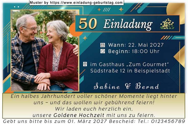 Einladung Goldene Hochzeit Foto umrahmt von Ästen