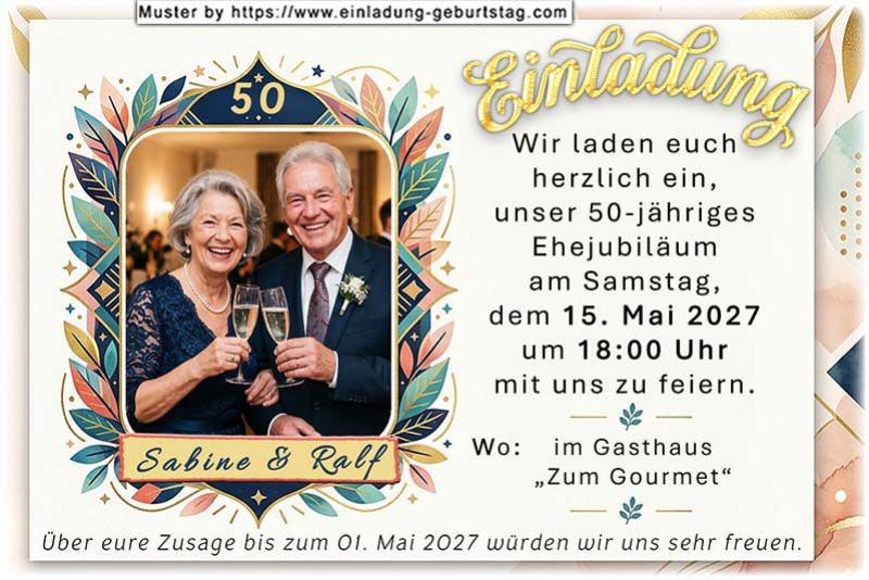 Die Einladung zur Goldenen Hochzeit mit Ihrem Foto in einem modernen 50-er Rahmen