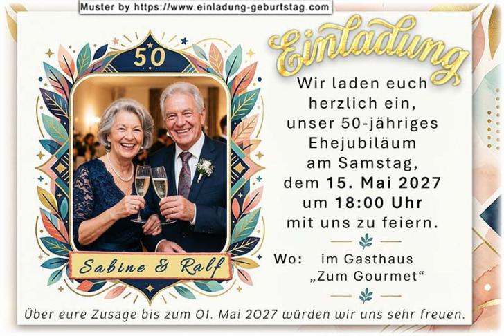 Die Einladung zur Goldenen Hochzeit mit Ihrem Foto in einem modernen 50-er Rahmen