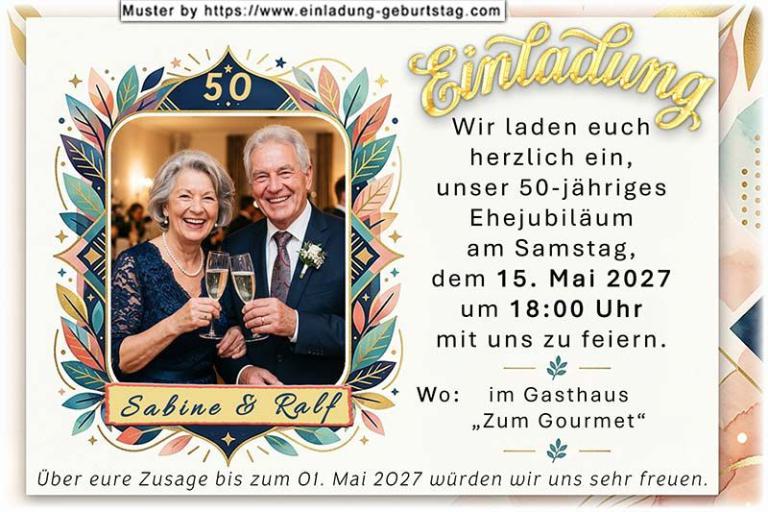 Einladung Goldene Hochzeit 2 Fotos auf Spielkarten in einer Hand 