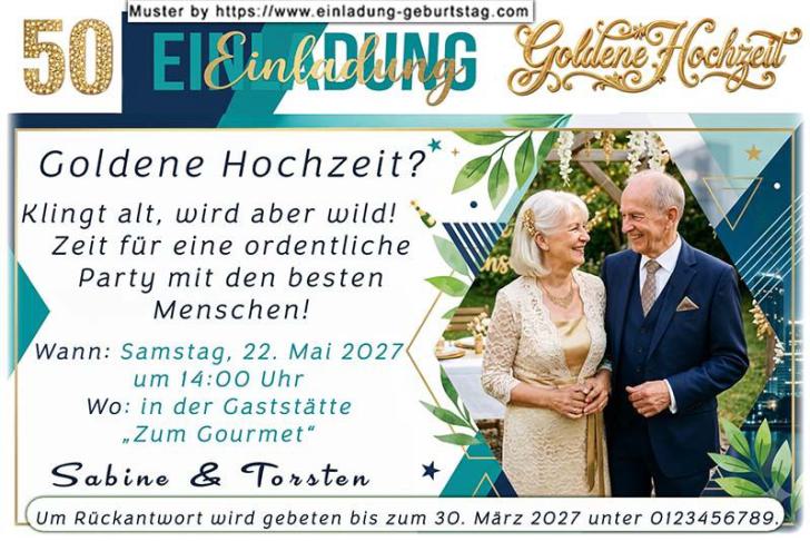 Die Einladung zur Goldenen Hochzeit mit Ihrem Foto im Hochformat originell umrahmt