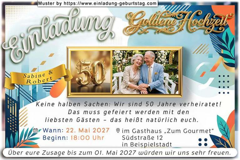 Die Einladung zur Goldenen Hochzeit mit Ihrem Foto auf einem Goldbarren.