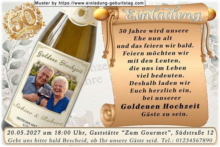 Die Einladung zur Goldenen Hochzeit mit Ihrem Foto auf dem Etikett einer Sektflasche.