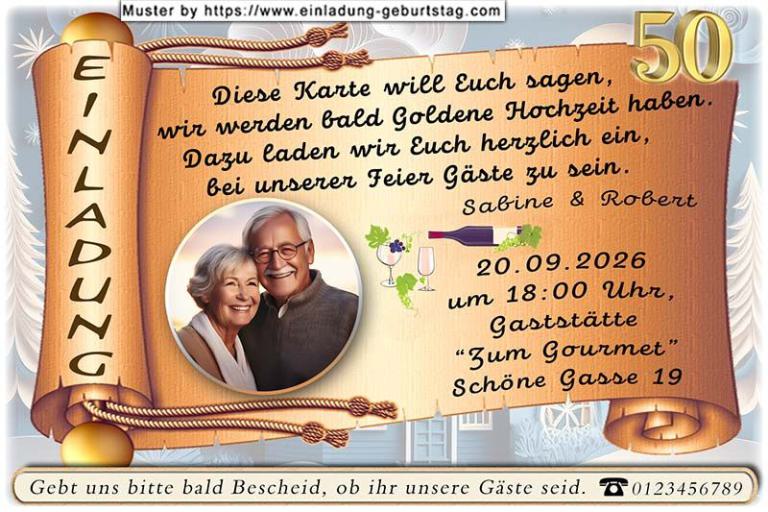 Einladung Goldene Hochzeit Foto rund ausgeschnitten auf einer Goldpapierrolle