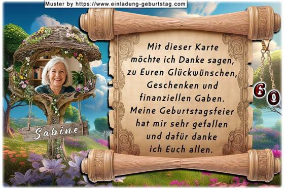Die Dankeskarte zum Geburtstag mit Ihrem Foto in einem originellen Bilderrahmen von Ästen umgeben neben einer rustikalen Textrolle.