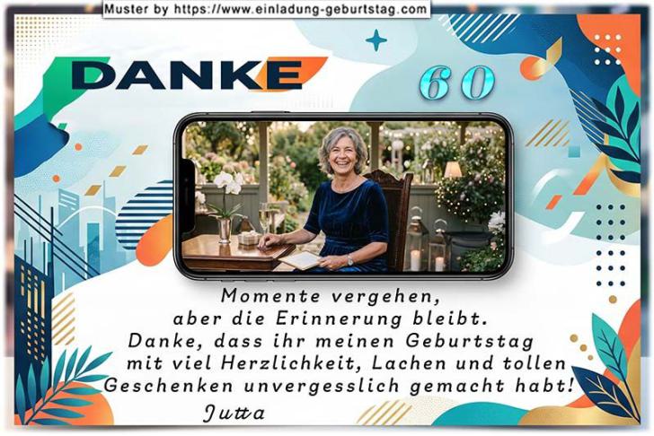 Die Danksagungskarte zum Geburtstag mit Ihrem Foto im Display eines Smartphones.