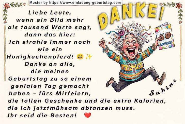 Die lustige Danksagungskarte zum Geburtstag mit der freudestrahlenden Frau