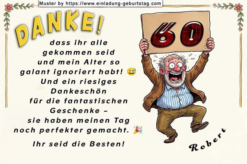 Die lustige Danksagungskarte zum Geburtstag mit dem freudestrahlenden Mann, der eine Tafel mit seinem Alter hoch hält.