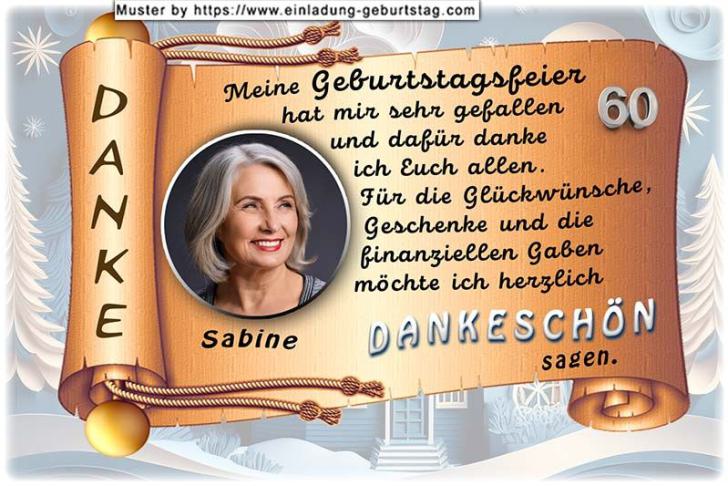 Die Danksagungskarte zum Geburtstag mit Ihrem rund ausgeschnittenen Foto auf einer Schriftrolle.
