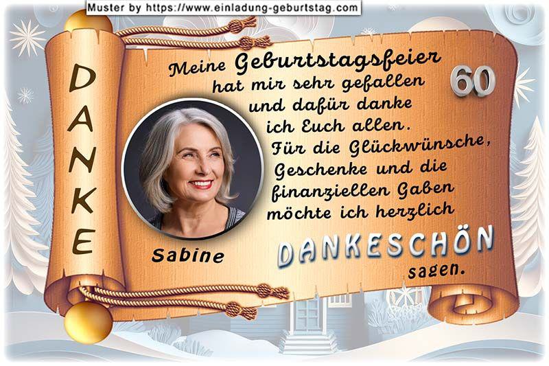 Die Danksagungskarte zum Geburtstag mit Ihrem rund ausgeschnittenen Foto auf einer Schriftrolle.