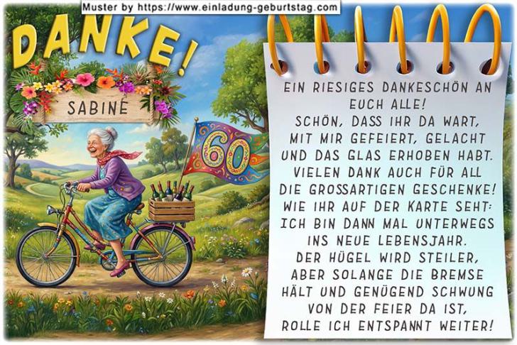 Die lustige Danksagung zum Geburtstag mit der Frau auf dem Fahrrad