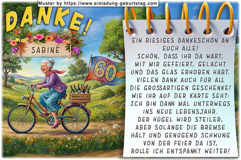 Die lustige Danksagung zum Geburtstag mit der Frau auf dem Fahrrad