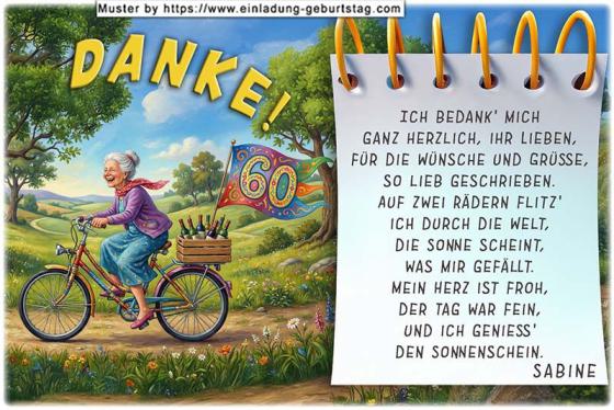Die Dankeskarte zum Geburtstag mit der Frau, die im Park mit dem Fahrrad fährt. Am Gepäckträger befindet sich eine Fahne mit Ihrem Alter.