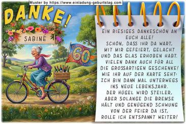 Die lustige Danksagung zum Geburtstag mit der Frau auf dem Fahrrad