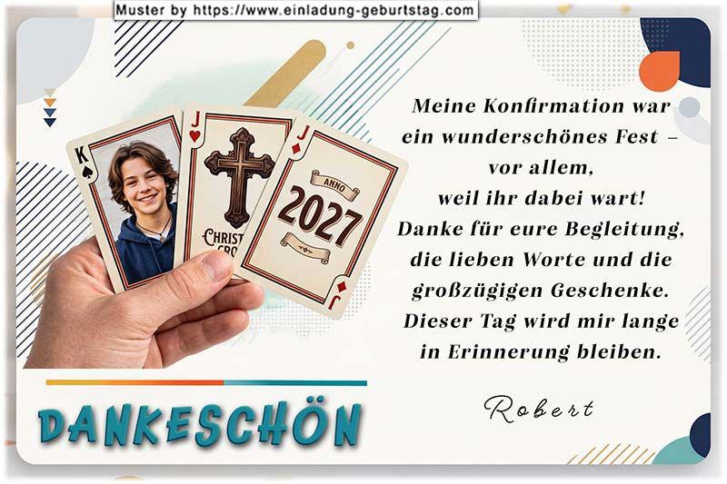 die Danksagungskarte zur Konfirmation mit deinem Foto auf einer von 3 Spielkarten