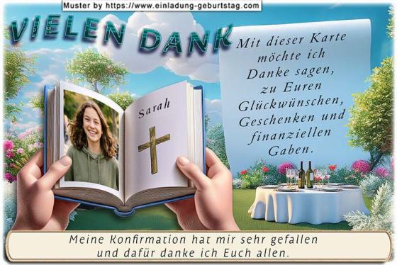 Die Dankeskarte zur Konfirmation mit deinem Foto als Seite eines aufgeschlagenen Buches - gehalten von 2 Händen.