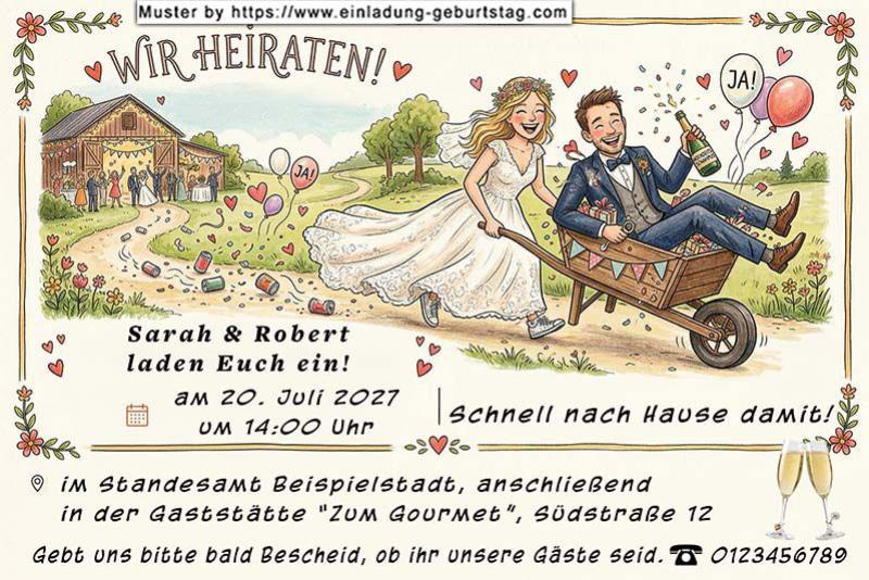 Die lustige Einladung zur Hochzeit - die Frau schiebt Ihren Ehemann in der Schubkarre - schnell nach Hause damit