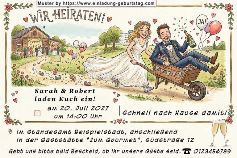lustige Hochzeitseinladung mit witzigem änderbaren Text mit dem zukünftigen Ehemann in der Schubkarre