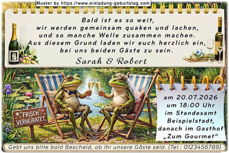Die lustige Einladung zur Hochzeit - ein Froschpaar im Liegestuhl am Gartenteich stößt schon mal mit Sektgläsern an