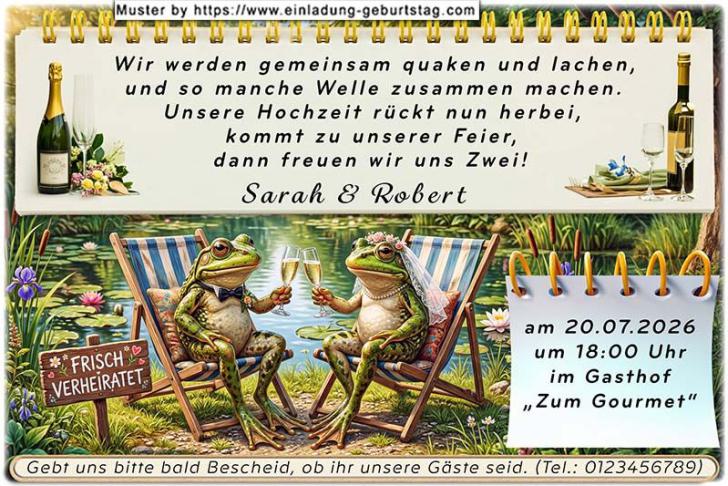 lustige Hochzeitseinladung mit witzigem änderbaren Text mit dem Froschpaar