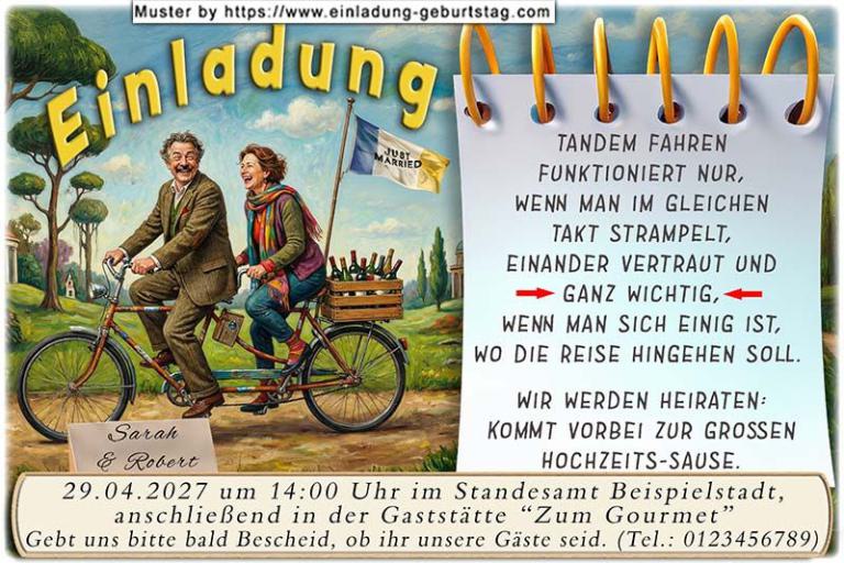 lustige Hochzeitseinladung mit witzigem änderbaren Text mit dem Paar auf einem Tandem